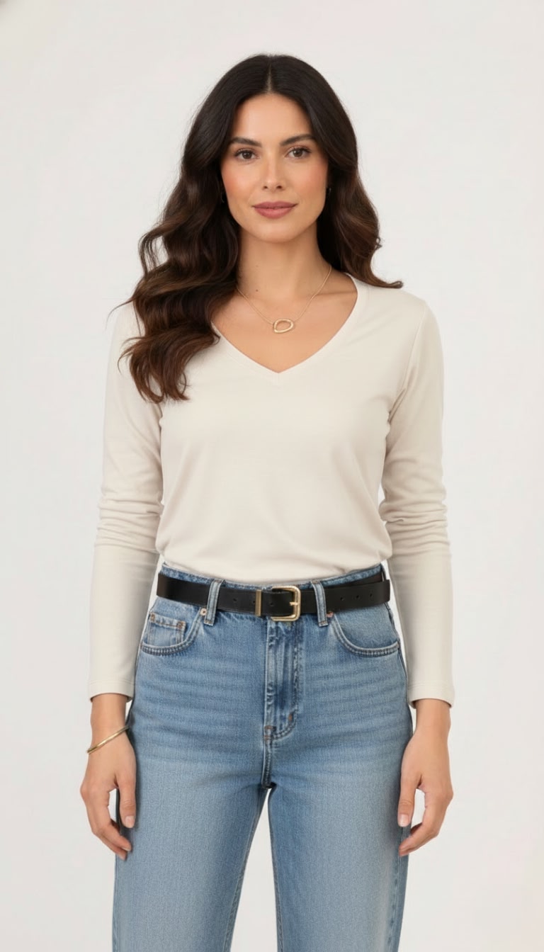 T-SHIRT 100% ALGODÓN CUELLO V MANGA LARGA